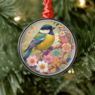 Great Tit Chickadee Bird farbenfrohe Blume Ornament Aus Metall