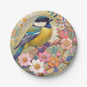 Great Tit Chickadee Bird farbenfrohe Blume Pappteller