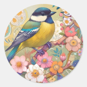 Great Tit Chickadee Bird farbenfrohe Blume Runder Aufkleber