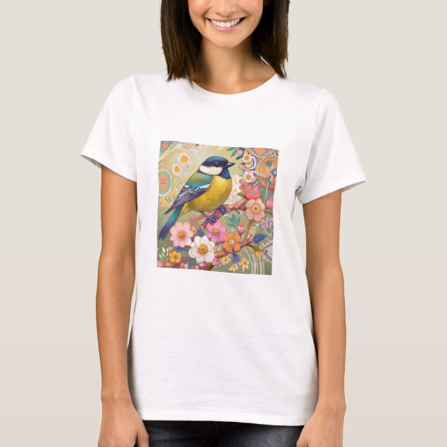 Great Tit Chickadee Bird farbenfrohe Blume T-Shirt (Vorderseite)