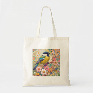 Great Tit Chickadee Bird farbenfrohe Blume Tragetasche