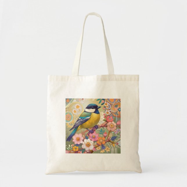 Great Tit Chickadee Bird farbenfrohe Blume Tragetasche (Vorne)