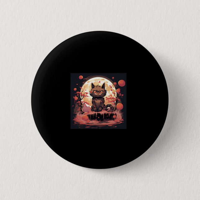 Great Wave and Sakura_ Halloween Black Cat Art Button (Vorderseite)