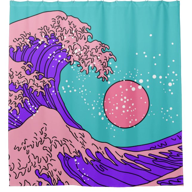 Great Wave in Vaporwave Pop Art Style. Ansicht auf Duschvorhang (Vorderseite)