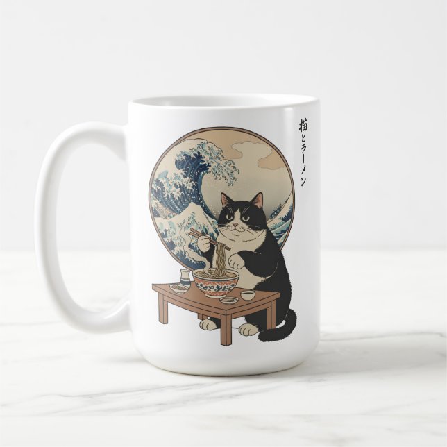 Great Wave Japanese Cat Eating Ramen Funny Art Kaffeetasse (Links)