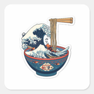 Great Wave Ramen Bowl Japanisches Ästhetik 3D Art  Quadratischer Aufkleber