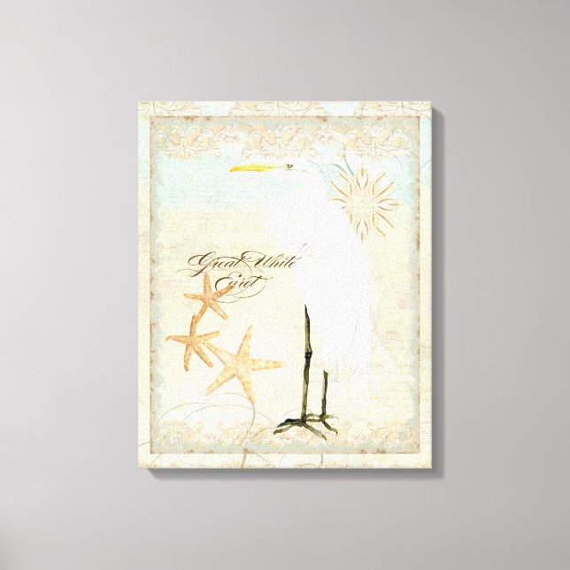 Great White Egret Coastal Beach - Wasserfarben Art Leinwanddruck (Vorderseite)