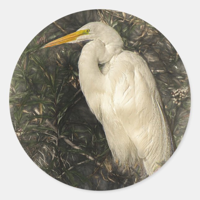 Great White Egret Water Bird Digitale Kunstmalerei Runder Aufkleber (Vorderseite)