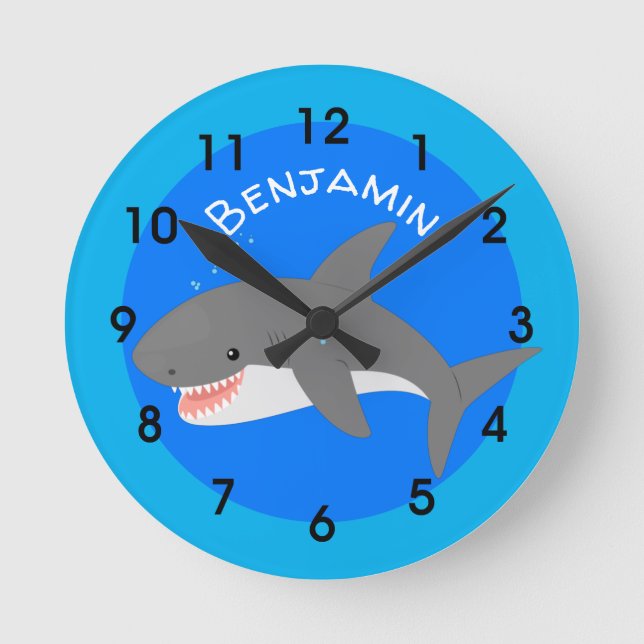 Great White Hai Happy Cartoon Illustration Runde Wanduhr (Vorderseite)