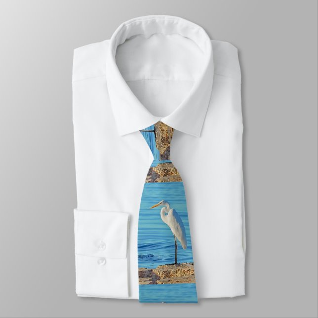 Great White Heron Bird Blue Shoreline Mens Krawatt Krawatte (Gebunden)