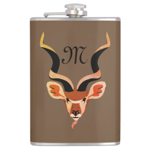 Greater Kudu Head Illustriert Monogramm Flachmann