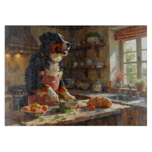 Greater Swiss Mountain Dog beim Kochen in der Küch Schneidebrett