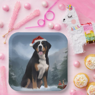 Greater Swiss Mountain Dog im Schnee Weihnachten  Pappteller