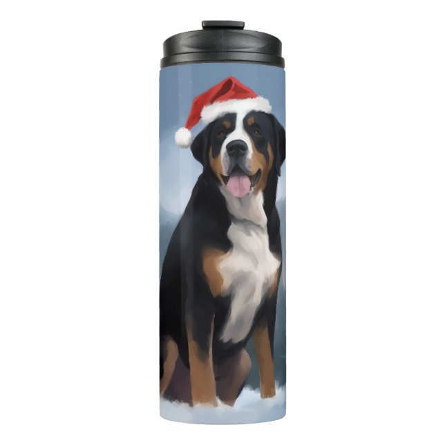 Greater Swiss Mountain Dog in Snow Christmas Thermosbecher (Vorderseite)