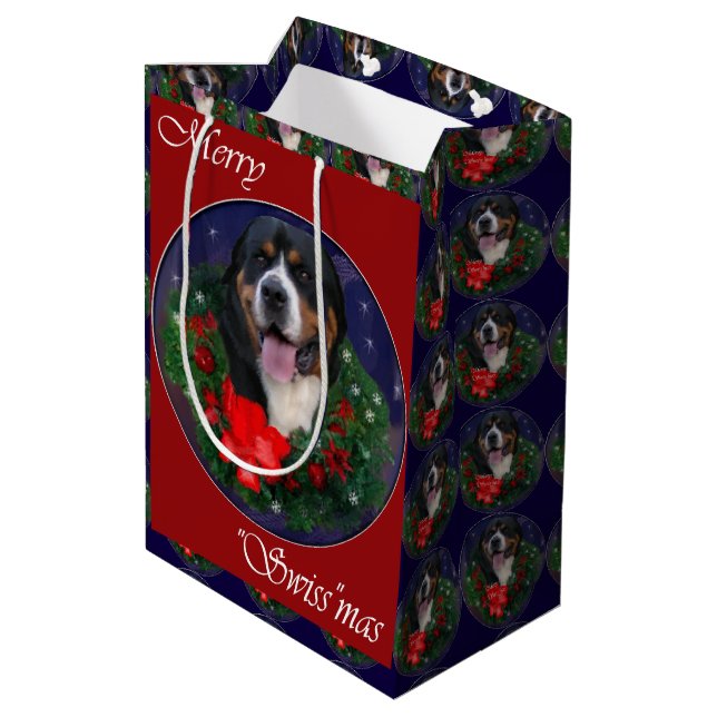 Greater Swiss Mountain Dog Weihnachten Mittlere Geschenktüte (Rückseite Schrägansicht)