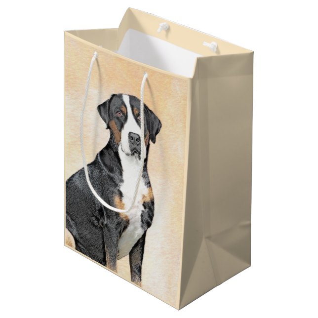 Greater Swiss Mountain Hund Gemälde - Original Kun Mittlere Geschenktüte (Vorderseite Schrägansicht)