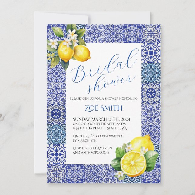 Grecian Blue und Lemon Bridal Dusche Einladung (Vorderseite)