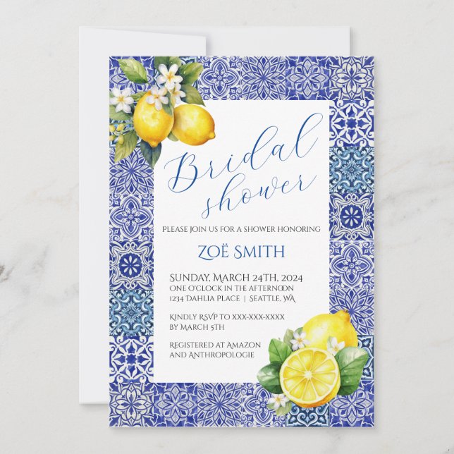 Grecian Blue und Lemon Bridal Dusche Einladung (Vorderseite)