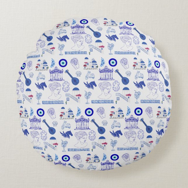 Greece Blue and White Rundes Kissen (Vorderseite)
