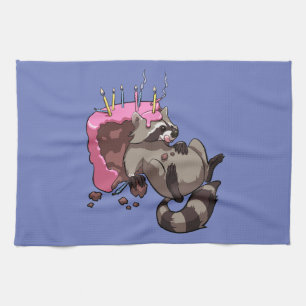 Greedy Raccoon Full of Birthday Cake Cartoon Geschirrtuch