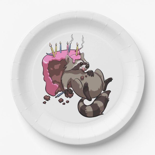 Greedy Raccoon Full of Birthday Cake Cartoon Pappteller (Vorderseite)