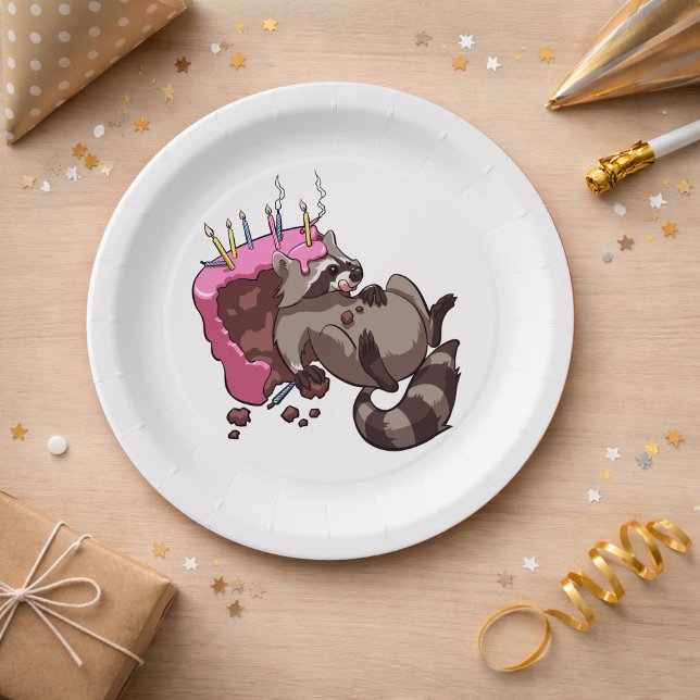 Greedy Raccoon Full of Birthday Cake Cartoon Pappteller (Von Creator hochgeladen)