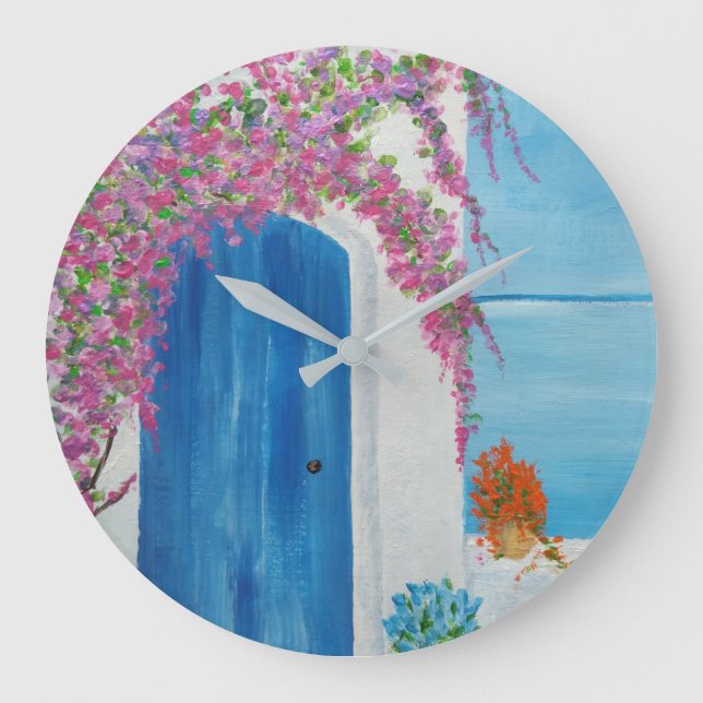 Greek Blue Door Große Wanduhr (Vorderseite)