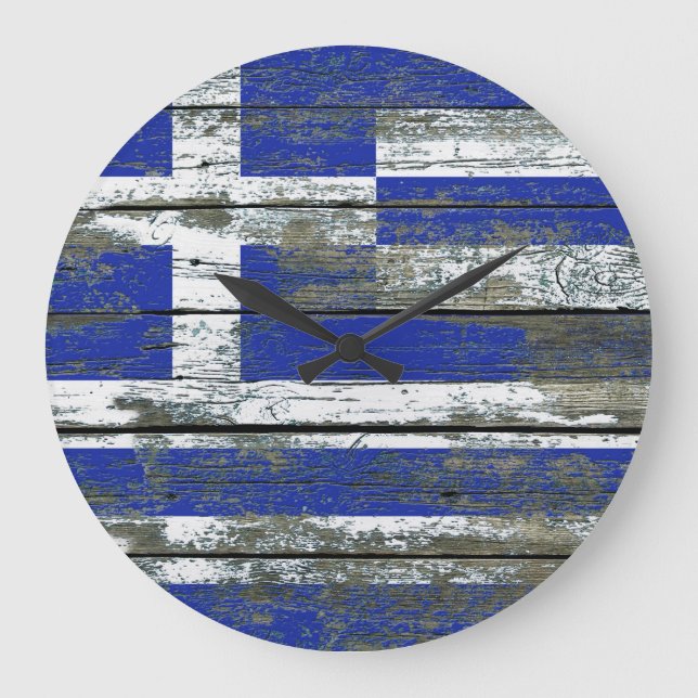 Greek Flag on Rough Wood Boards Effect Große Wanduhr (Vorderseite)