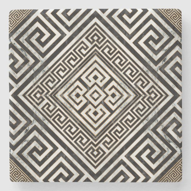 Greek Meander - Greek Key Black and White Marble Steinuntersetzer (Vorderseite)