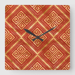 Greek Meander - Greek Key - Gold on Red #5 Quadratische Wanduhr