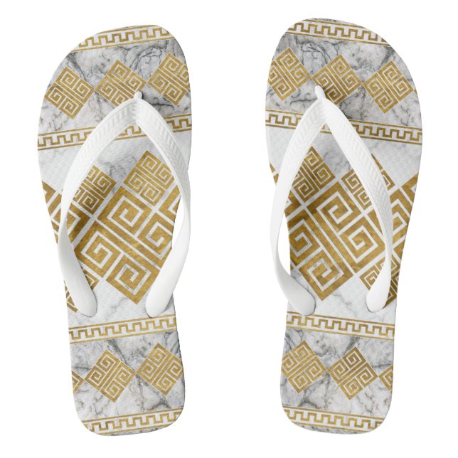 Greek Meander - Greek Key White Marble and Gold Flip Flops (Fußbett)