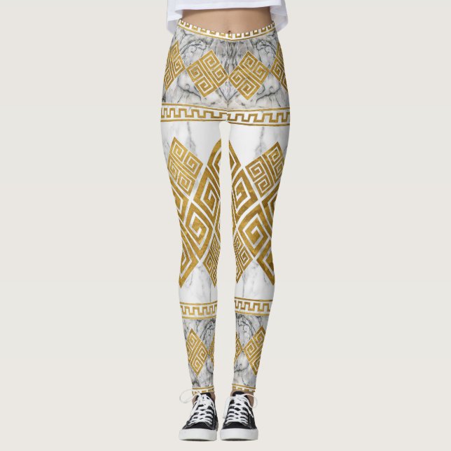 Greek Meander - Greek Key White Marble and Gold Leggings (Vorderseite)
