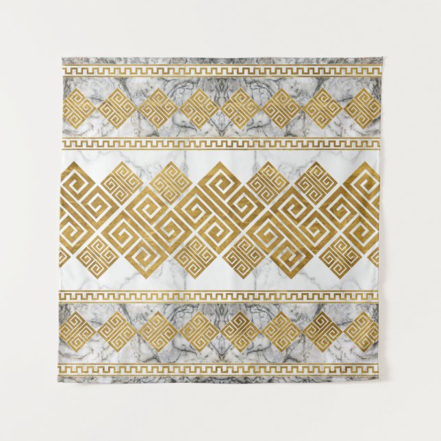 Greek Meander - Greek Key White Marble and Gold Wandteppich (Vorderseite)