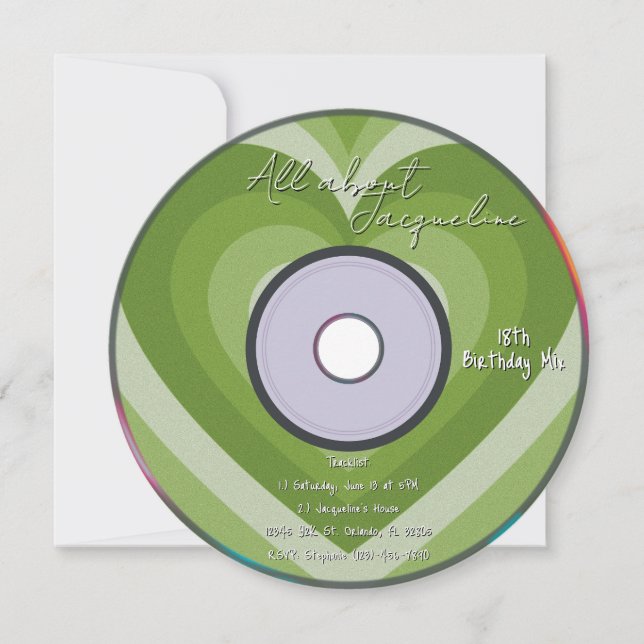 Green 2000s Aura Hearts Music CD Birthday Einladung (Vorderseite)