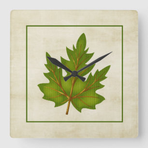 Green 2 Leaf Fall Season Themed Square Clock Quadratische Wanduhr