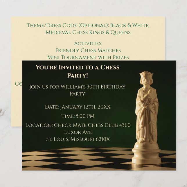 Green 30. Geburtstag Party Schach King Einladung (Vorne/Hinten)