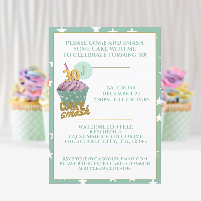 Green 30th Birthday Cake Smash Party Invitation (Add your party details and smash a cake!)