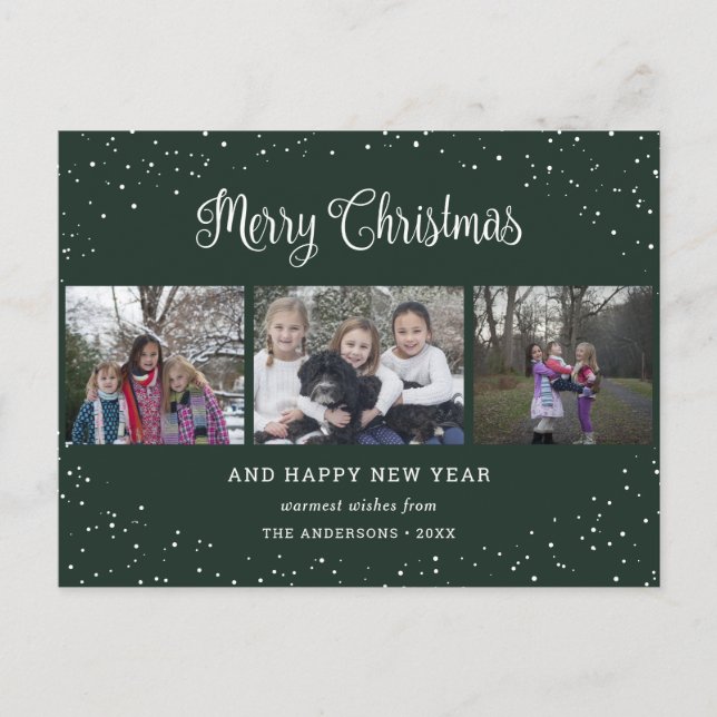 Green 3 Foto Collage Calligraphy Feiertagspostkarte (Vorderseite)