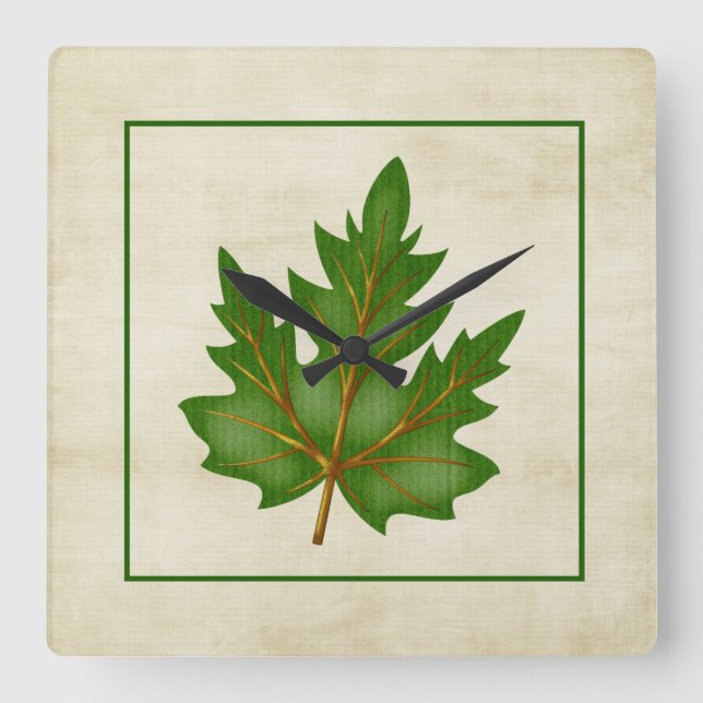Green 3 Leaf Fall Season Themed Square Uhr (Vorderseite)