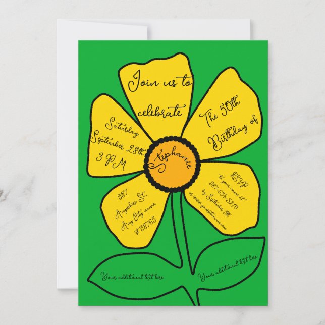 Green 50. Geburtstag Gold Doodle Blume Einladung (Vorderseite)