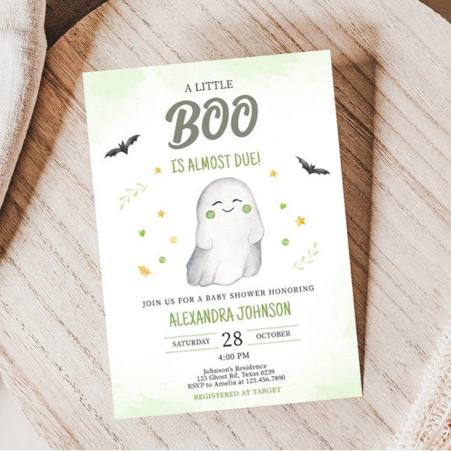 Green A Little Boo Baby Dusche Einladung (Green Ghost Halloween Baby Shower Invitation)