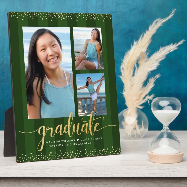 Green Abschluss 3 Foto Gold Glitzer Script Chic Fotoplatte (Seite)