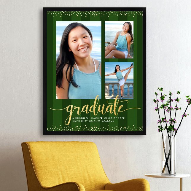 Green Abschluss 3 Foto Gold Glitzer Script Chic Poster (Von Creator hochgeladen)
