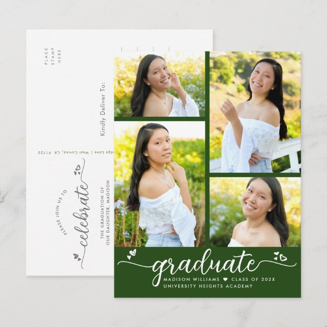 Green Abschluss 4 Foto Moderne Girly Script Herzst Einladungspostkarte (Vorne/Hinten)