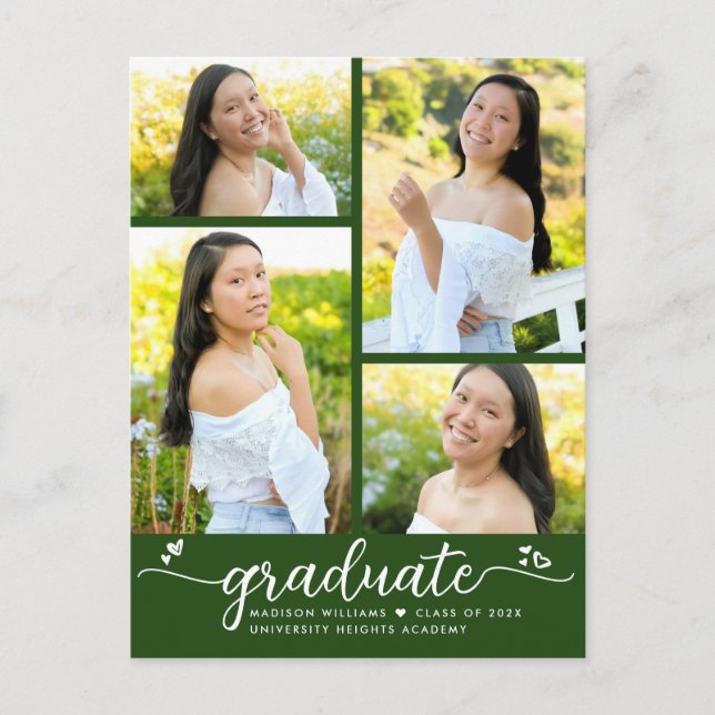 Green Abschluss 4 Foto Moderne Girly Script Herzst Einladungspostkarte (Vorderseite)