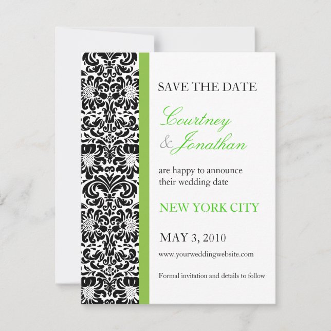 Green Accented Damask Save the Date Einladung (Vorderseite)