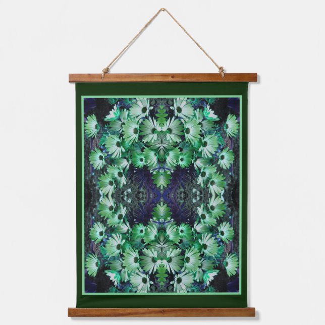 Green African Daisy Blume Abstrakt Wandteppich Mit Holzrahmen (Vorderseite)