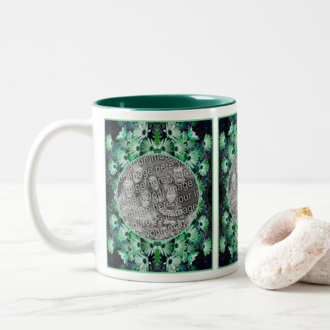 Green African Daisy Blume Frame Add Your Foto Zweifarbige Tasse (Mit Donut)