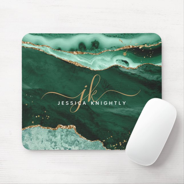 Green Agate Geode Gold Glitzer Script Monogram Mousepad (Mit Mouse)
