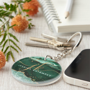 Green Agate Geode Gold Glitzer Script Monogram Schlüsselanhänger